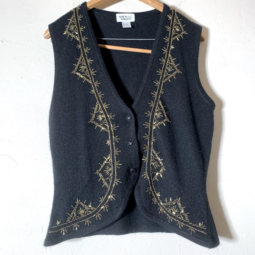 Napa valley hipster sweater sequin vest gold navy button Sargent pepper sz med